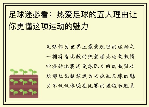 足球迷必看：热爱足球的五大理由让你更懂这项运动的魅力