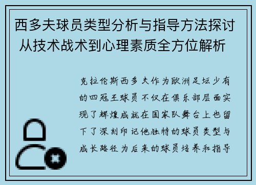 西多夫球员类型分析与指导方法探讨 从技术战术到心理素质全方位解析